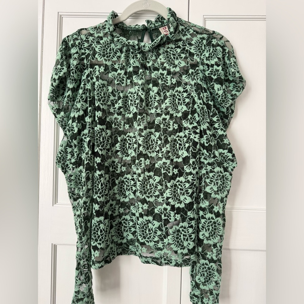 Anthropologie Dolan Left Coast Green Sheer Lace Puff Sleeve Blouse Size S